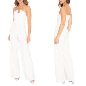 Black Halo White Strapless Notch-Front Wide-Leg Jumpsuit